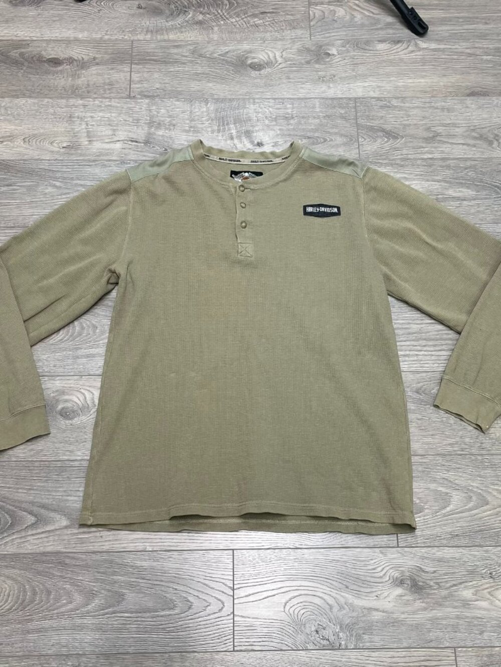 Harley‎ Davidson Vintage Khaki Waffle Knit Henley Long Sleeve Shirt Thermal L